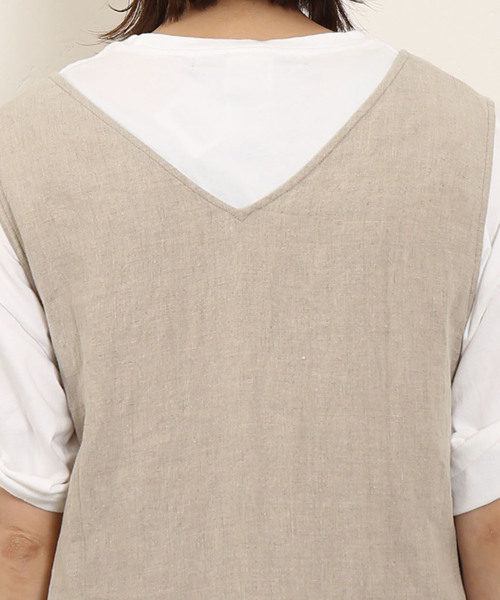 セール】リネンワッシャー Vネックノースリーブワンピース