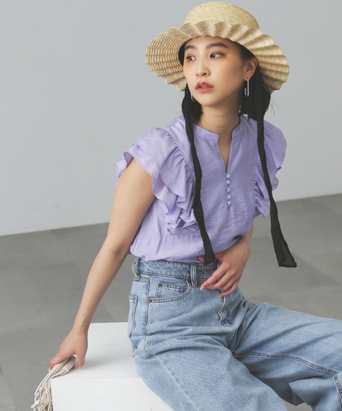 FREE'S MART（フリーズマート）の「◆ダブルフリルフレンチスリーブブラウス（シャツ/ブラウス・レディース・ワンウォッシュ/ホワイト/パープル・FREE）」の9枚目の写真