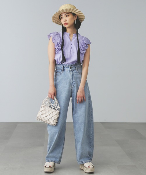 FREE'S MART（フリーズマート）の「◆ダブルフリルフレンチスリーブブラウス（シャツ/ブラウス・レディース・ワンウォッシュ/ホワイト/パープル・FREE）」の5枚目の写真