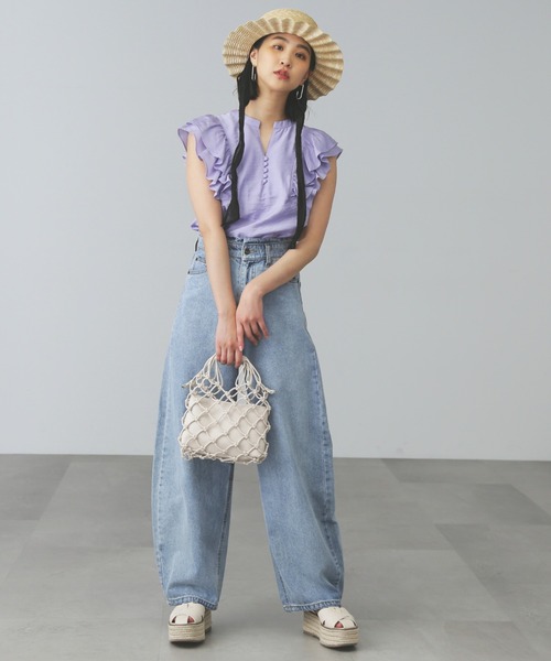 FREE'S MART（フリーズマート）の「◆ダブルフリルフレンチスリーブブラウス（シャツ/ブラウス・レディース・ワンウォッシュ/ホワイト/パープル・FREE）」の7枚目の写真