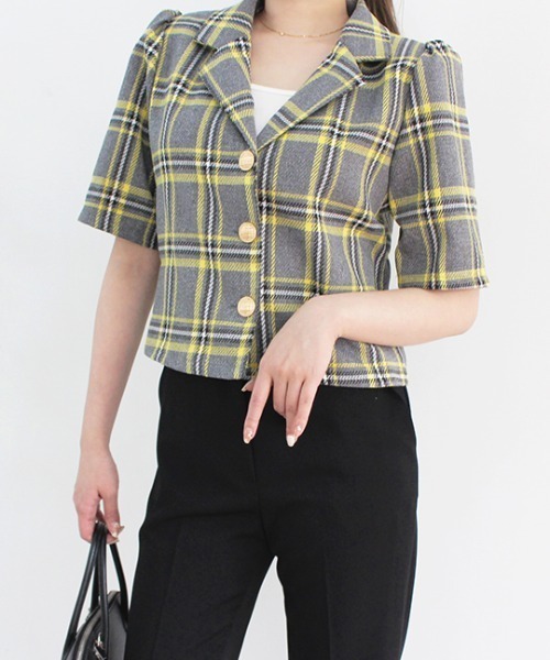 MODE ROBE（モードローブ）の「半袖チェックジャケット（テーラードジャケット・レディース・イエロー/グリーン・FREE）」の8枚目の写真
