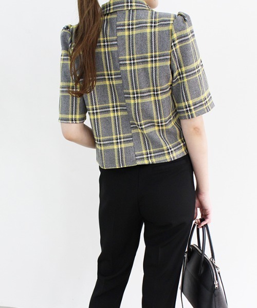 MODE ROBE（モードローブ）の「半袖チェックジャケット（テーラードジャケット・レディース・イエロー/グリーン・FREE）」の14枚目の写真