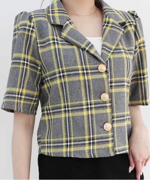 MODE ROBE（モードローブ）の「半袖チェックジャケット（テーラードジャケット・レディース・イエロー/グリーン・FREE）」の11枚目の写真