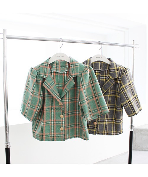 MODE ROBE（モードローブ）の「半袖チェックジャケット（テーラードジャケット・レディース・イエロー/グリーン・FREE）」の20枚目の写真