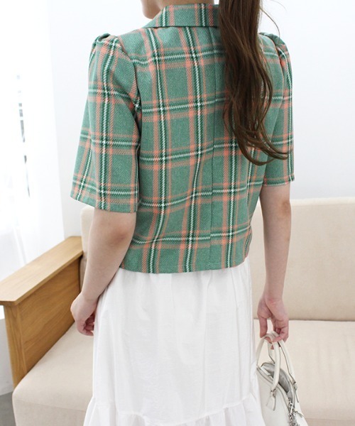 MODE ROBE（モードローブ）の「半袖チェックジャケット（テーラードジャケット・レディース・イエロー/グリーン・FREE）」の6枚目の写真