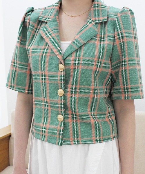 MODE ROBE（モードローブ）の「半袖チェックジャケット（テーラードジャケット・レディース・イエロー/グリーン・FREE）」の12枚目の写真