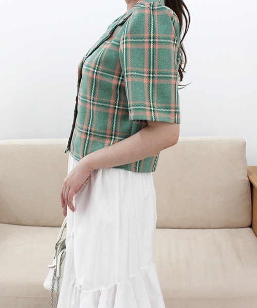 MODE ROBE（モードローブ）の「半袖チェックジャケット（テーラードジャケット・レディース・イエロー/グリーン・FREE）」の18枚目の写真