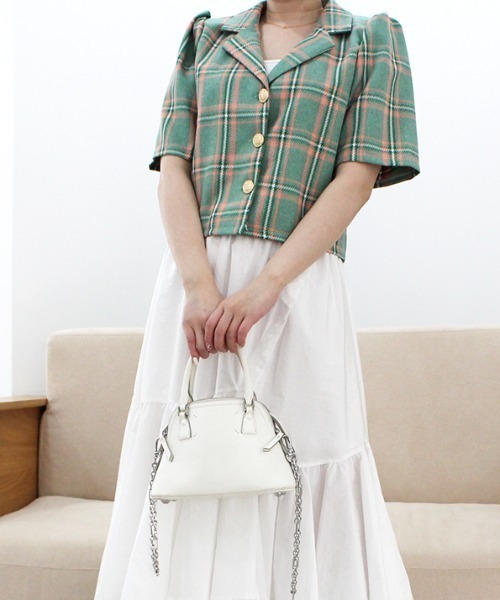 MODE ROBE（モードローブ）の「半袖チェックジャケット（テーラードジャケット・レディース・イエロー/グリーン・FREE）」の4枚目の写真