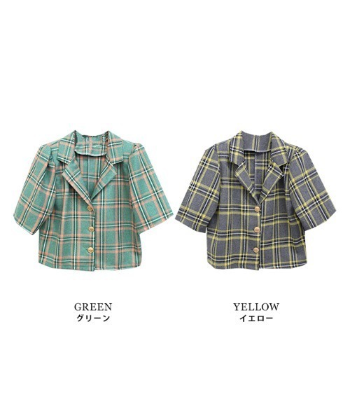 MODE ROBE（モードローブ）の「半袖チェックジャケット（テーラードジャケット・レディース・イエロー/グリーン・FREE）」の19枚目の写真