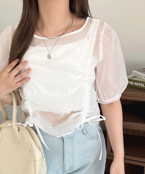 apres jour（アプレジュール）の「カップ付きキャミ+ドロストシアートップス【ZOZOTOWN限定アイテム】（Tシャツ/カットソー・レディース・ブルー/ピンク/オフホワイト・フリー/X-LARGE）」の2枚目の写真