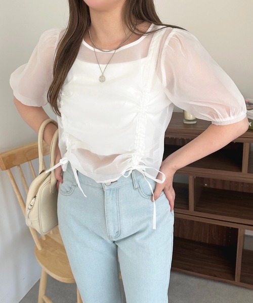 apres jour（アプレジュール）の「カップ付きキャミ+ドロストシアートップス【ZOZOTOWN限定アイテム】（Tシャツ/カットソー・レディース・ブルー/ピンク/オフホワイト・フリー/X-LARGE）」の6枚目の写真