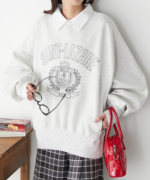 BONLECILL(ボンルシール)の「裏起毛カレッジキルト刺繍スウェットプルオーバー(スウェット・レディース・チャコールグレー/ネイビー/オートミール/グリーン/レッド・FREE)」の1枚目の写真