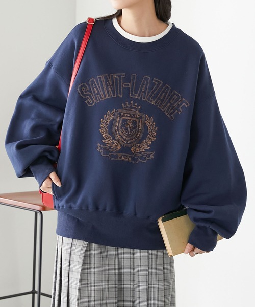 BONLECILL(ボンルシール)の「裏起毛カレッジキルト刺繍スウェットプルオーバー(スウェット・レディース・チャコールグレー/ネイビー/オートミール/グリーン/レッド・FREE)」の4枚目の写真