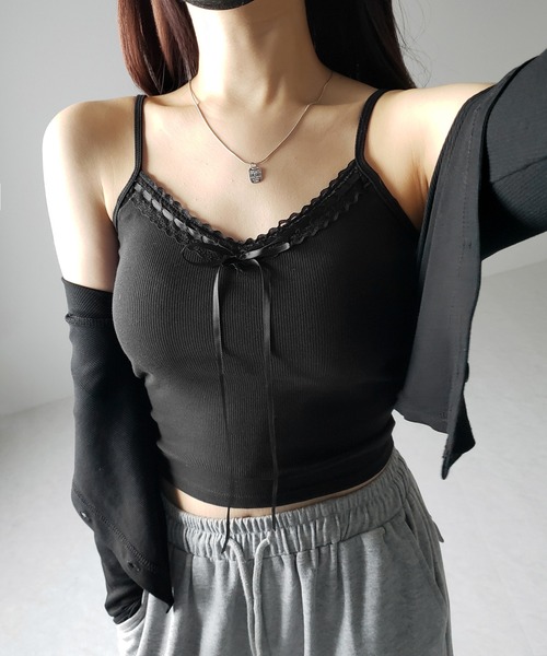 me+em select(ミームセレクト)の「【 カップ付き 】サテンリボンレースリブキャミソール / satin ribbon lace lib camisole(キャミソール・レディース・ブラック/ホワイト/グレー・FREE)」の3枚目の写真