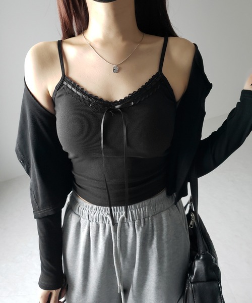 me+em select(ミームセレクト)の「【 カップ付き 】サテンリボンレースリブキャミソール / satin ribbon lace lib camisole(キャミソール・レディース・ブラック/ホワイト/グレー・FREE)」の13枚目の写真