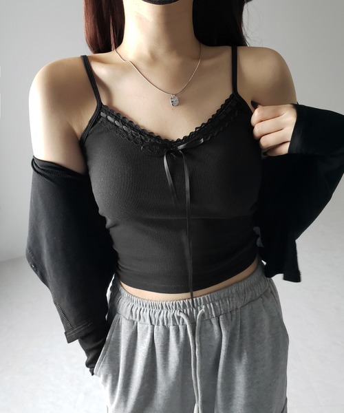 me+em select(ミームセレクト)の「【 カップ付き 】サテンリボンレースリブキャミソール / satin ribbon lace lib camisole(キャミソール・レディース・ブラック/ホワイト/グレー・FREE)」の15枚目の写真