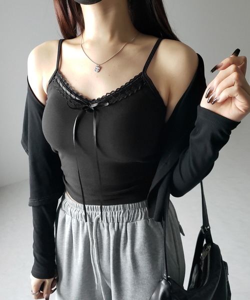 me+em select(ミームセレクト)の「【 カップ付き 】サテンリボンレースリブキャミソール / satin ribbon lace lib camisole(キャミソール・レディース・ブラック/ホワイト/グレー・FREE)」の22枚目の写真