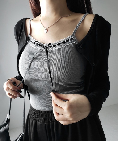 me+em select(ミームセレクト)の「【 カップ付き 】サテンリボンレースリブキャミソール / satin ribbon lace lib camisole(キャミソール・レディース・ブラック/ホワイト/グレー・FREE)」の11枚目の写真