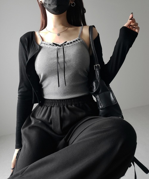 me+em select(ミームセレクト)の「【 カップ付き 】サテンリボンレースリブキャミソール / satin ribbon lace lib camisole(キャミソール・レディース・ブラック/ホワイト/グレー・FREE)」の6枚目の写真