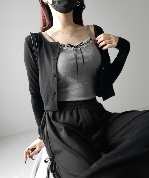 me+em select(ミームセレクト)の「【 カップ付き 】サテンリボンレースリブキャミソール / satin ribbon lace lib camisole(キャミソール・レディース・ブラック/ホワイト/グレー・FREE)」の4枚目の写真