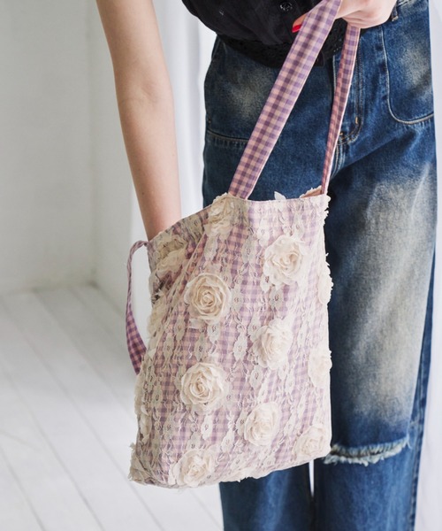 idem（イデム）の「lace rose check bag/レースチェックトートバッグ（トートバッグ・レディース・パープル/ブルー・FREE）」の5枚目の写真