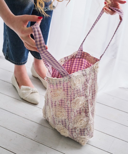 idem（イデム）の「lace rose check bag/レースチェックトートバッグ（トートバッグ・レディース・パープル/ブルー・FREE）」の4枚目の写真
