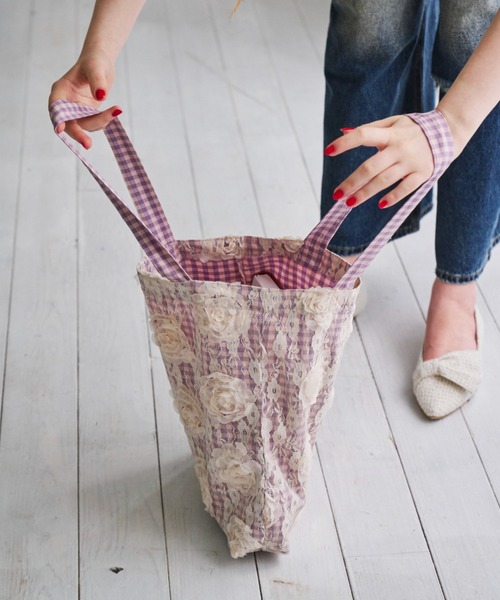 idem（イデム）の「lace rose check bag/レースチェックトートバッグ（トートバッグ・レディース・パープル/ブルー・FREE）」の3枚目の写真