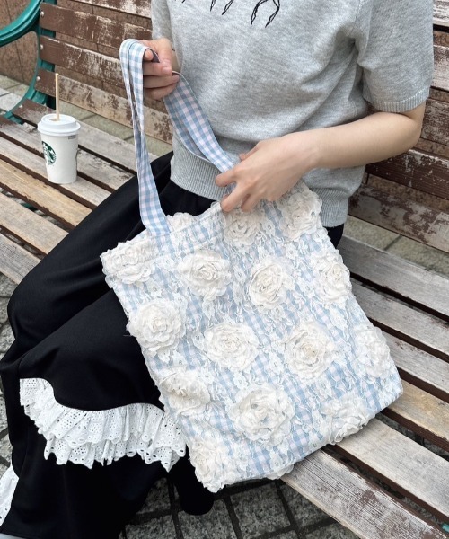 idem（イデム）の「lace rose check bag/レースチェックトートバッグ（トートバッグ・レディース・パープル/ブルー・FREE）」の14枚目の写真