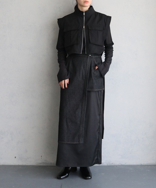 &g'aime(アンジェム)の「【&g’aime】サテンドッキングデニムスカート SATIN DOCKING DENIM SKIRT(デニムスカート・レディース・ブラック・FREE)」の14枚目の写真