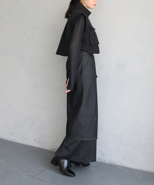 &g'aime(アンジェム)の「【&g’aime】サテンドッキングデニムスカート SATIN DOCKING DENIM SKIRT(デニムスカート・レディース・ブラック・FREE)」の17枚目の写真
