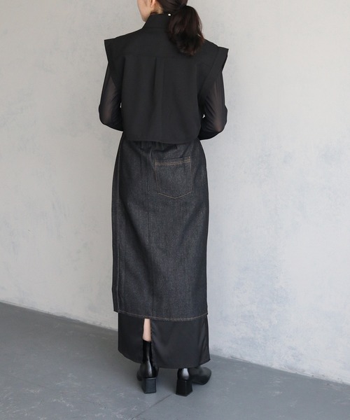 &g'aime(アンジェム)の「【&g’aime】サテンドッキングデニムスカート SATIN DOCKING DENIM SKIRT(デニムスカート・レディース・ブラック・FREE)」の18枚目の写真