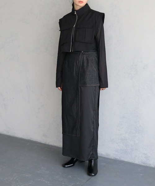 &g'aime(アンジェム)の「【&g’aime】サテンドッキングデニムスカート SATIN DOCKING DENIM SKIRT(デニムスカート・レディース・ブラック・FREE)」の13枚目の写真