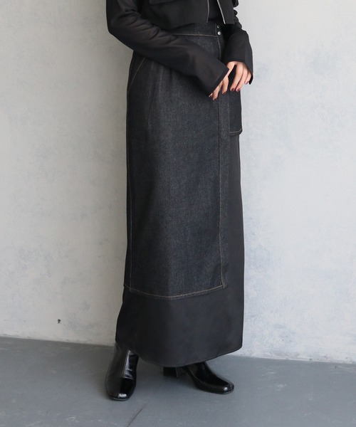 &g'aime(アンジェム)の「【&g’aime】サテンドッキングデニムスカート SATIN DOCKING DENIM SKIRT(デニムスカート・レディース・ブラック・FREE)」の6枚目の写真