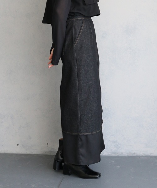&g'aime(アンジェム)の「【&g’aime】サテンドッキングデニムスカート SATIN DOCKING DENIM SKIRT(デニムスカート・レディース・ブラック・FREE)」の9枚目の写真