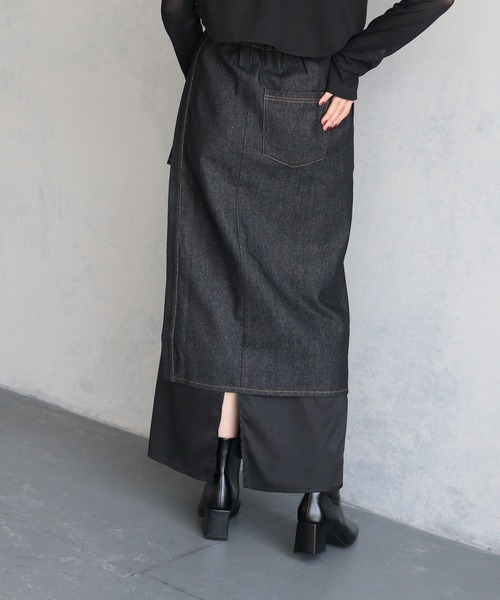 &g'aime(アンジェム)の「【&g’aime】サテンドッキングデニムスカート SATIN DOCKING DENIM SKIRT(デニムスカート・レディース・ブラック・FREE)」の10枚目の写真