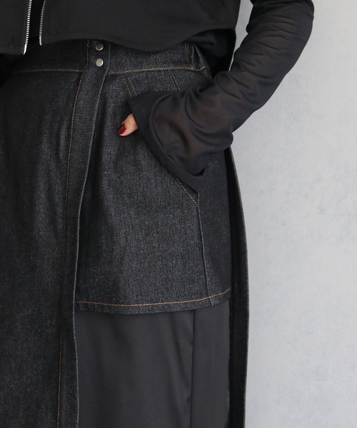 &g'aime(アンジェム)の「【&g’aime】サテンドッキングデニムスカート SATIN DOCKING DENIM SKIRT(デニムスカート・レディース・ブラック・FREE)」の12枚目の写真