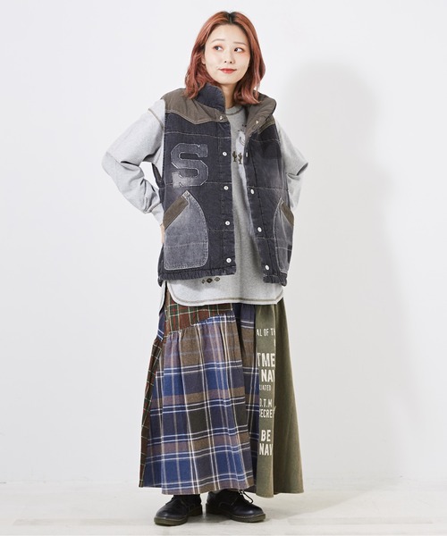 CUBE SUGAR(キューブシュガー)の「チェック×OE天竺パウダー加工ティアードスカート(スカート・レディース・カーキ/ネイビー/キャメル・M)」の4枚目の写真