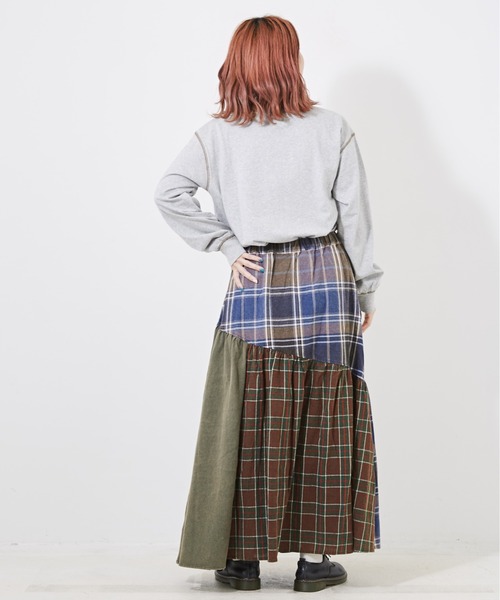 CUBE SUGAR(キューブシュガー)の「チェック×OE天竺パウダー加工ティアードスカート(スカート・レディース・カーキ/ネイビー/キャメル・M)」の8枚目の写真