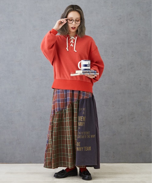 CUBE SUGAR(キューブシュガー)の「チェック×OE天竺パウダー加工ティアードスカート(スカート・レディース・カーキ/ネイビー/キャメル・M)」の10枚目の写真