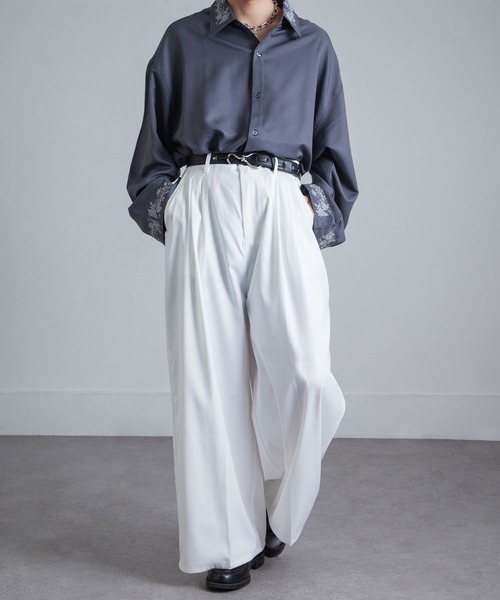 NILWAY（ニルウェイ）の「420g/m TR センタープレス ドレープ ワイド フレア袴パンツ/センタープレス トロミ ワイドスラックス【セットアップ対応】（スラックス・メンズ・ブラック/モスグリーン系/ホワイト/ネイビー/チャコール・SMALL/MEDIUM/LARGE）」の20枚目の写真