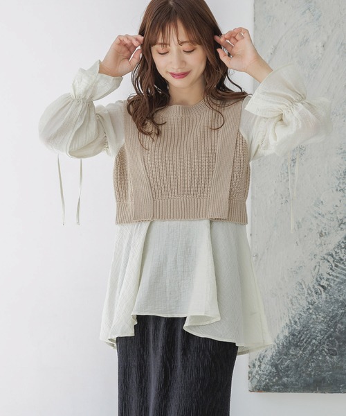 mysty woman（ミスティウーマン）の「ベストドッキングブラウス　152989（シャツ/ブラウス・レディース・ブラック/ベージュ・FREE）」の2枚目の写真