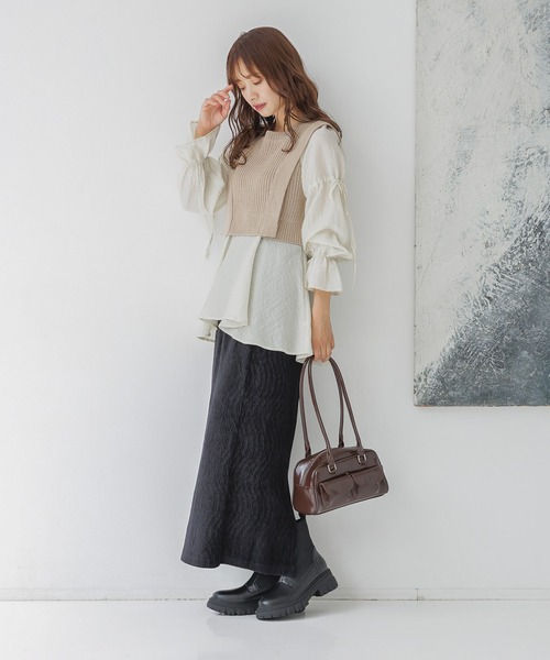 mysty woman（ミスティウーマン）の「ベストドッキングブラウス　152989（シャツ/ブラウス・レディース・ブラック/ベージュ・FREE）」の12枚目の写真