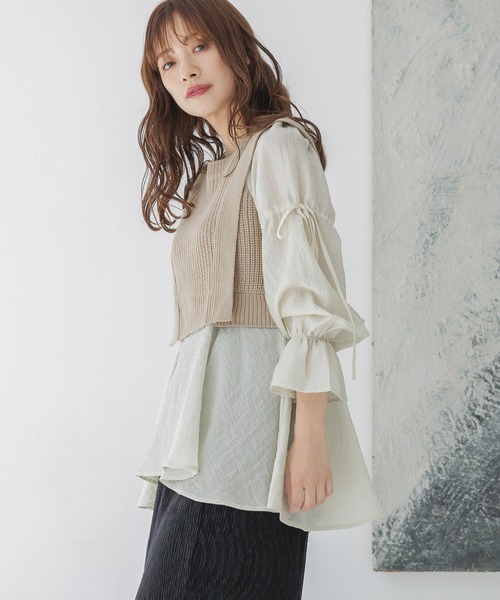 mysty woman（ミスティウーマン）の「ベストドッキングブラウス　152989（シャツ/ブラウス・レディース・ブラック/ベージュ・FREE）」の13枚目の写真