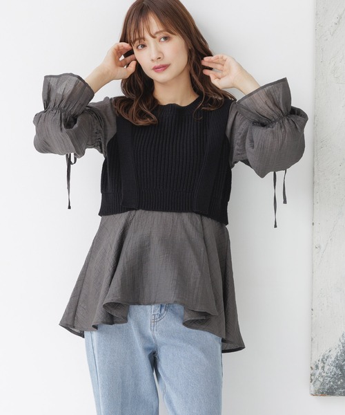 mysty woman（ミスティウーマン）の「ベストドッキングブラウス　152989（シャツ/ブラウス・レディース・ブラック/ベージュ・FREE）」の15枚目の写真