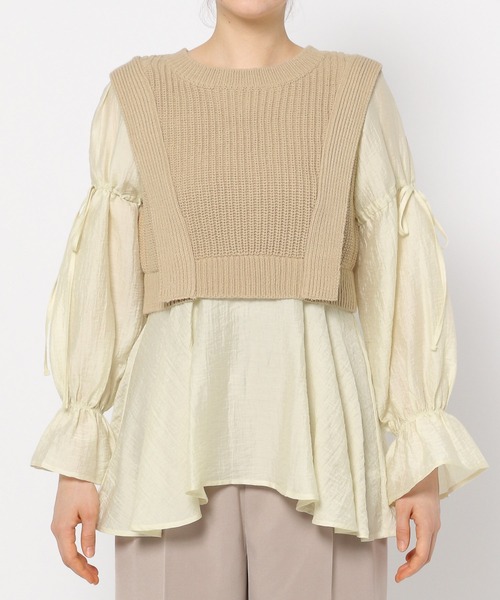 mysty woman（ミスティウーマン）の「ベストドッキングブラウス　152989（シャツ/ブラウス・レディース・ブラック/ベージュ・FREE）」の3枚目の写真