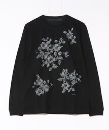 5．6オンスコットン天竺チェッカーフラワープリントロングスリーブTシャツ