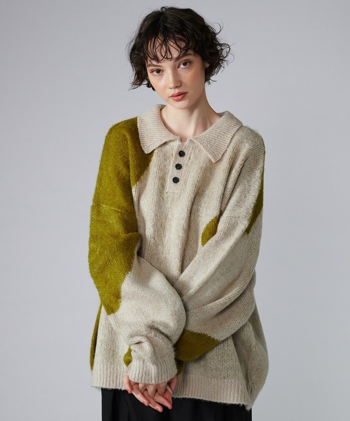 【セール】MIX PATTERN SHAGGY VOLUME KNIT POLO / シャギーミックスボリュームニットポロ（ニット/セーター）｜ONCILY（オンシェリー）
