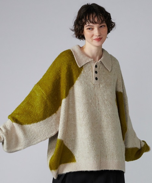 【セール】MIX PATTERN SHAGGY VOLUME KNIT POLO / シャギーミックスボリュームニットポロ（ニット/セーター）｜ONCILY（オンシェリー）