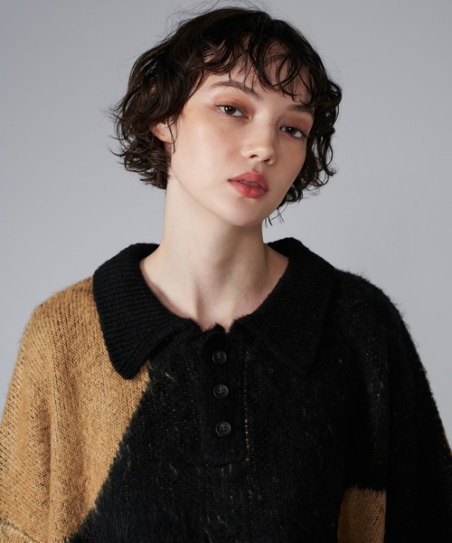 【セール】MIX PATTERN SHAGGY VOLUME KNIT POLO / シャギーミックスボリュームニットポロ（ニット/セーター）｜ONCILY（オンシェリー）