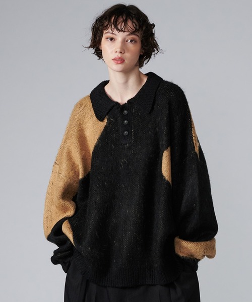 【セール】MIX PATTERN SHAGGY VOLUME KNIT POLO / シャギーミックスボリュームニットポロ（ニット/セーター）｜ONCILY（オンシェリー）